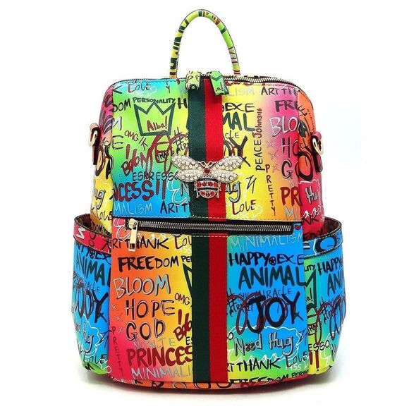 Unbranded Handbags - Women Bee Strip Accented Graffiti Fashion Multi Purpose Backpack